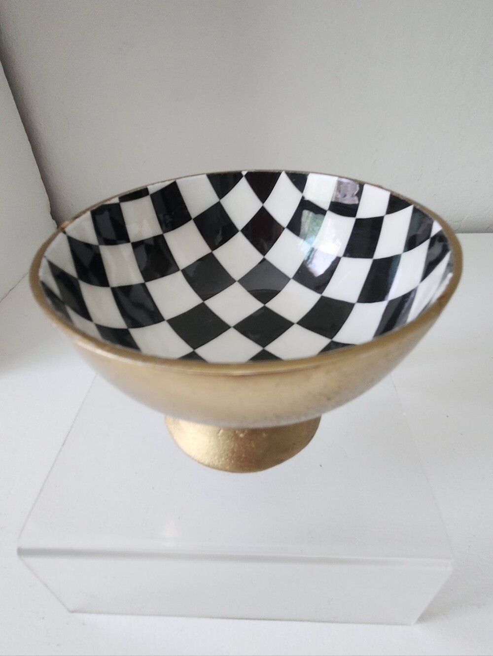 Checkerboard Ceramic Lined Brass Pedestal Mini Bowl